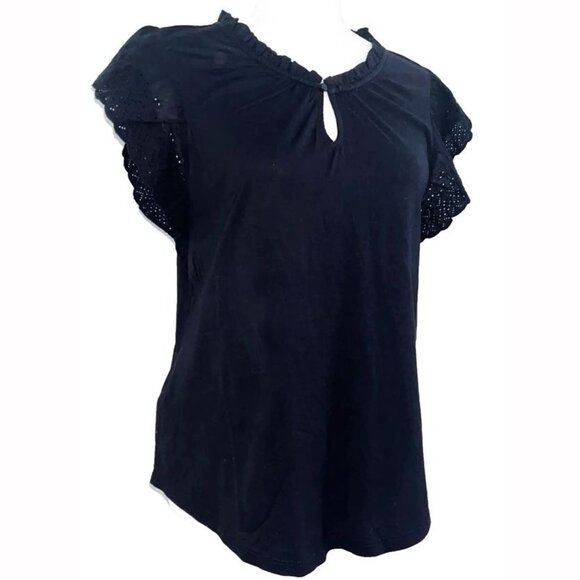 Lauren Ralph Lauren Womens L Eyelet Ruffle Short Sleeve Top Black Cotton Capsule - Picture 1 of 10